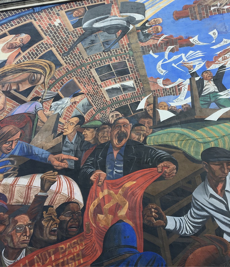 Part of the Cable Street Mural showing the barricades the protesters built to prevent the fascist march