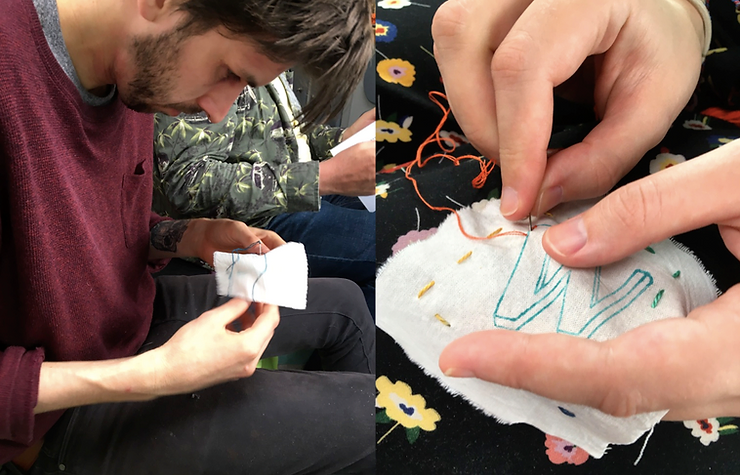 Young man sewing a cloth badge, with a  close up of sewing hands 
