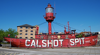 The Calshot Spit Lightship in a dry dock.