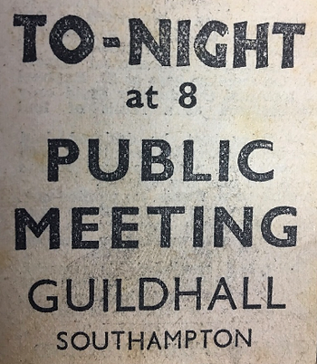Newspaper cutting advertising a public meeting in Southampton Guildhall