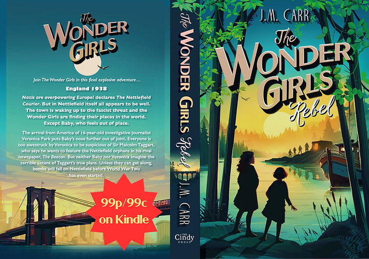 Front Cover of The Wonder Girls Rebel - 2 girls in the foreground looking across a stretch of water to an island, where some men appear to be unloading stuff from a boat into a shed on the island. 