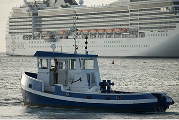 Small tug boat in the foreground huge cruise ship in the background