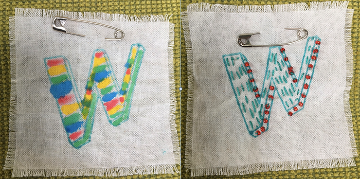 two sample fabric badges, one coloured in with fabric pens, the other embroidered with simple running stitches but also decorated with tiny glass beads