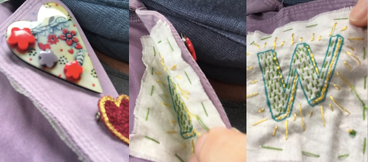 series of 3 pictures showing how a fabric badge may be, sewn on, hidden under a ljacket lapel