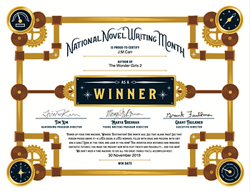 Nanowrimo winner's certificate for J.M. Carr and The Wonder Girls 2